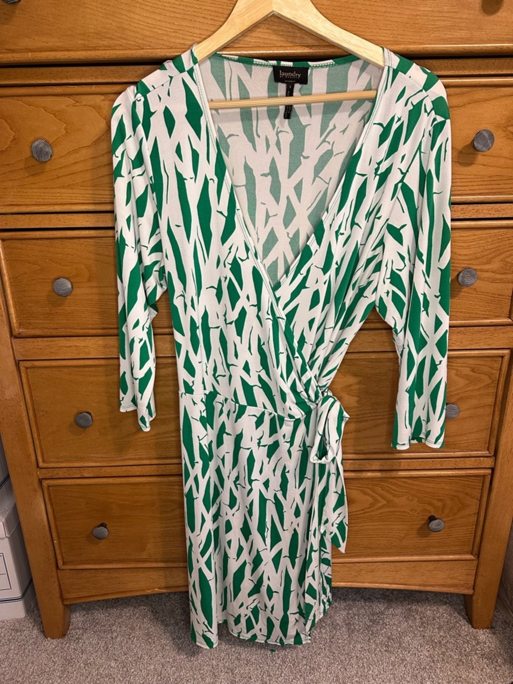 Laundry by Shelli Segal Wrap Dress Green Bamboo Print Size L 3/4 Sleeve